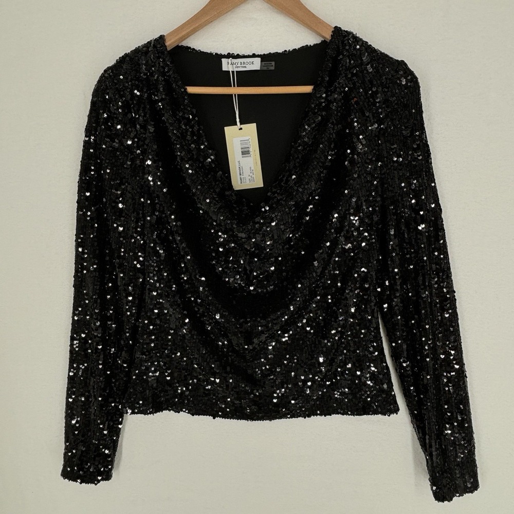 Ramy Brook Nicole Black Sequin Long Sleeve Cowl Neck Top Size Medium NWT - Picture 2 of 10